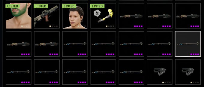 A game inventory grid showing several listed items, including a weapon, character faces, a charm, and rows of firearms with purple rarity markers.