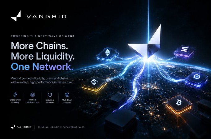 A promotional banner for VANGRID, a Web3 infrastructure provider, displaying the tagline 'POWERING THE NEXT WAVE OF WEB3,' 'More Chains. More Liquidity. One Network.,' and icons highlighting features like 'Cross-Chain Liquidity' and 'Unified Infrastructure.'