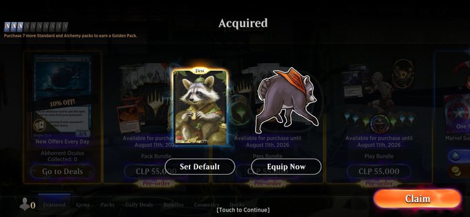 The image shows a Marvel Snap in-game "Acquired" screen revealing new collectibles: a Rocket Raccoon variant labeled "Find" and a Jeff the Land Shark mount (also labeled "Find"). The post about "$Jimothy" and holding tokens "forever" humorously contrasts with this screenshot, as the game clearly displays multiple "Pre-order" and "Go to Bundle" buttons (CLP 55,000) suggesting the developer is aggressively monetizing with limited-time packs rather than sending the value to "billions" as the poster claims.