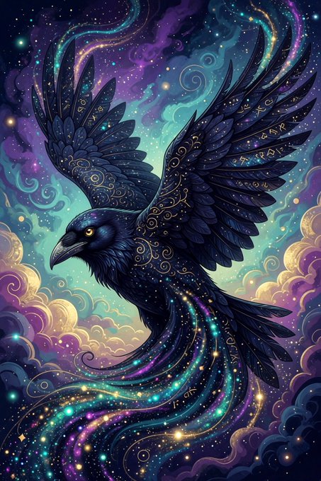 A vibrant fantasy artwork of a black raven with glowing yellow eyes, surrounded by a cosmic background of purple and teal clouds, stars, and golden runes on its wings.