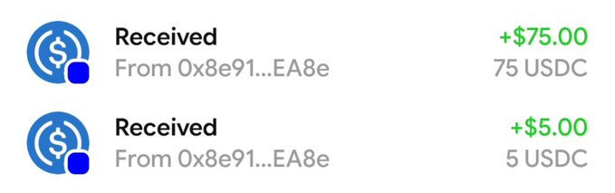 A crypto transaction receipt showing two "Received" payments of +$75.00 (75 USDC) and +$5.00 (5 USDC) both from the address 0x8e91...EA8e.