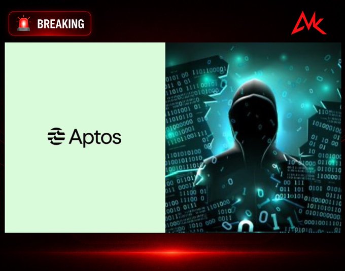 A 'BREAKING' news graphic featuring the Aptos logo on the left and a hooded hacker figure surrounded by binary code on the right, with an 'MK' logo in the top right corner.