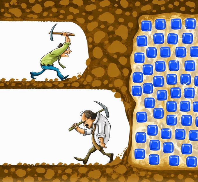 A cartoon illustration depicts two miners with pickaxes tunneling through dirt to reach a large deposit of blue gems.