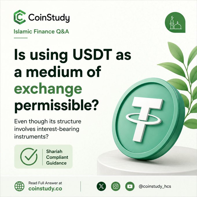 A CoinStudy graphic asking 'Is using USDT as a medium of exchange permissible?' with 'Islamic Finance Q&A' branding, a 3D Tether (USDT) coin, and text noting 'Shariah Compliant Guidance'.