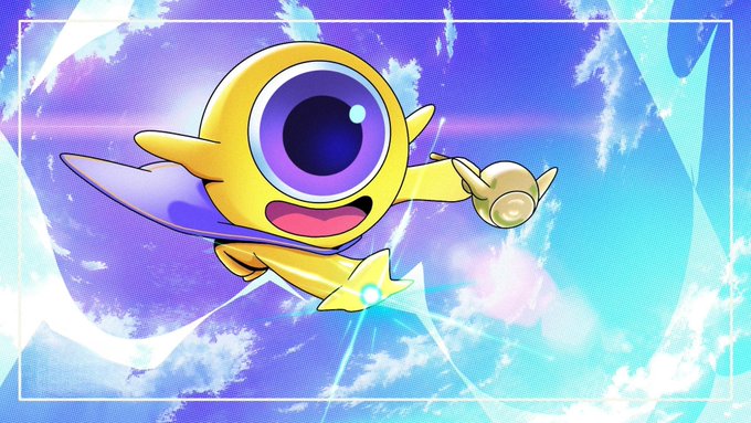 An animated illustration of a cute yellow one-eyed flying creature against a vibrant blue and purple sky background with clouds, resembling the Digimon character Terriermon.