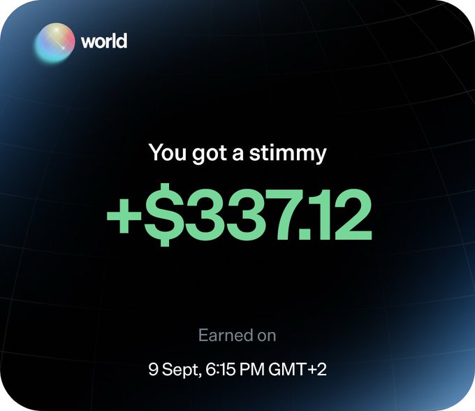 The image is a screenshot from the World app showing a stimulus ("stimmy") reward of **+$337.12** earned on 9 Sept at 6:15 PM GMT+2. It visually supports the post, where the user is sharing their Worldcoin earnings and promising to send 10% of it to someone who shares their Solana wallet address.