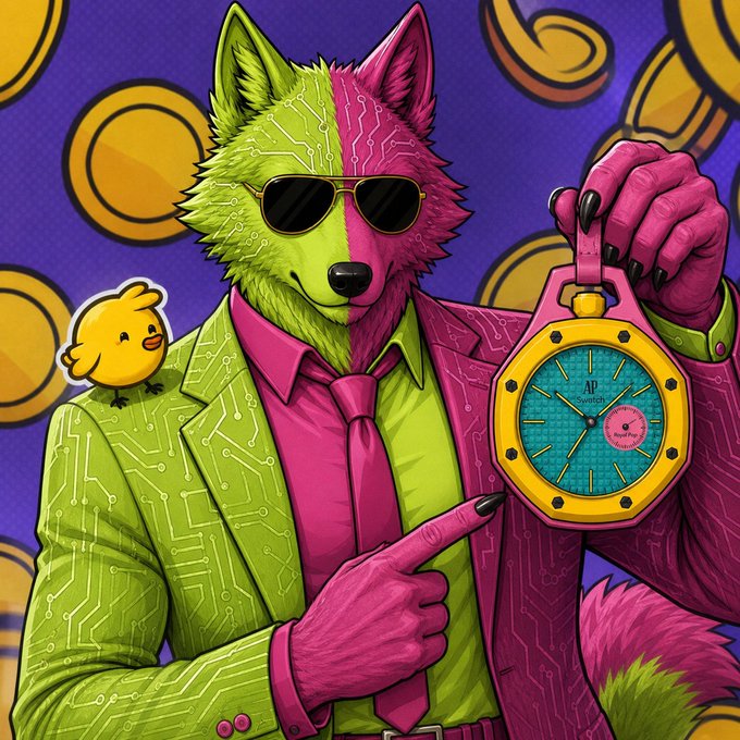 A split-colored wolf (half green, half pink) in sunglasses and a matching suit stands confidently while holding up an AP-branded watch and pointing at it, with a small yellow chick perched on his shoulder—visually embodying the $PACK meme by pairing the fierce "wolf" with a cute companion, suggesting that the token's strength comes from unity rather than going it alone.