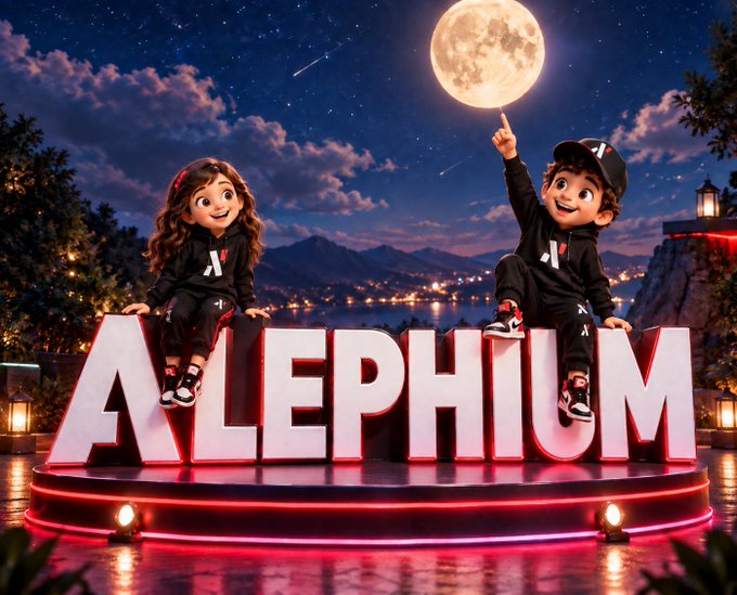 A 3D-rendered scene shows two cartoon children sitting on large illuminated letters spelling 'ALEPHILM', with one pointing up at a full moon in a night sky.