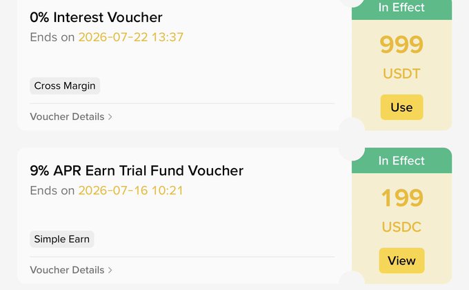 The image displays Binance vouchers for "0% Interest Voucher" valued at 999 USDT and a "9% APR Earn Trial Fund Voucher" for 199 USDC, both currently in effect. These are the rewards mentioned in the accompanying post.