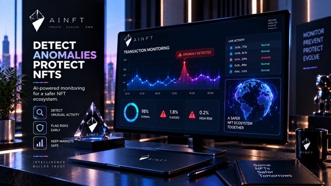 Promotional banner for AINFT featuring AI-powered NFT monitoring with text 'DETECT ANOMALIES PROTECT NFTS' and a dashboard showing transaction monitoring with anomaly detection.