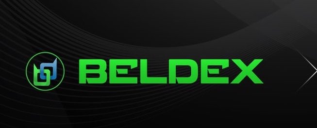 Logo banner for 'BELDEX' cryptocurrency, featuring a green geometric icon on a dark background.