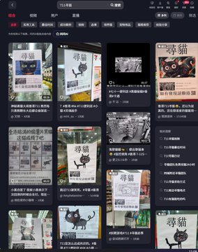 A screenshot of a Chinese social media app (Xiaohongshu) displays a grid of posts related to searching for lost cats, featuring various cat photos and missing posters.