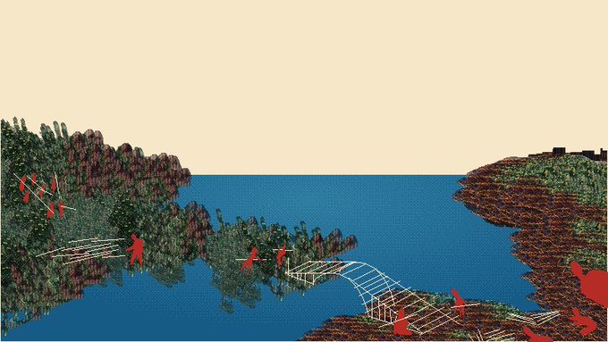 A pixelated battle scene shows red figures with spears crossing a bridge over blue water toward a brown fortress on a cliff, set against a pale sky.