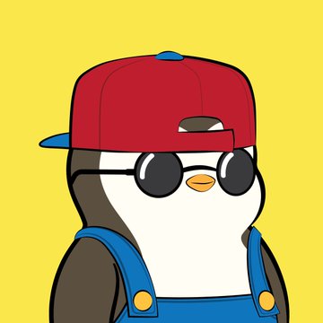 The image features a cartoon penguin wearing a red baseball cap, sunglasses, and overalls with yellow trim. The penguin appears to be dressed for a day out or possibly at an event. The caption of the image reads "Been holding $PENGU since launch - and now I'm finally proud to join the @pudgypenguins and @LilPudgys family." This suggests that the penguin is part of a group, likely associated with the @pudgypenguins or another similar organization.