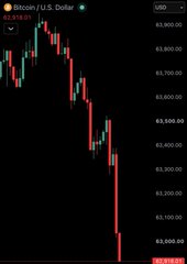 A Bitcoin/U.S. Dollar candlestick chart shows BTC price plummeting from around 63,800 USD to roughly 62,000 USD, with a recent candle highlighted as bearish—visually capturing the dramatic crypto crash that the post jokes is a constant source of panic and excitement among crypto enthusiasts.