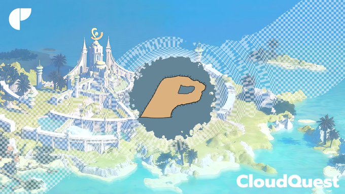 A promotional banner for 'CloudQuest' featuring a pixel art coastal landscape with a castle, overlaid with a stylized 'P' logo on a brushstroke background.