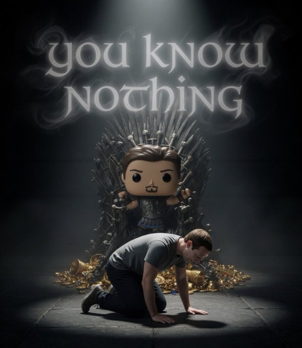 The image features a man kneeling down, with a large figure of the character Suckerberg sitting behind him. The man appears to be in distress or fear as he kneels before the Iron Throne. The throne itself is depicted as a throne made of iron, and there are mountains of gold scattered around it. The caption reads "You know nothing", which seems to be a reference to the post about Suckerberg's plan involving stolen whispers from the Watzup souls.