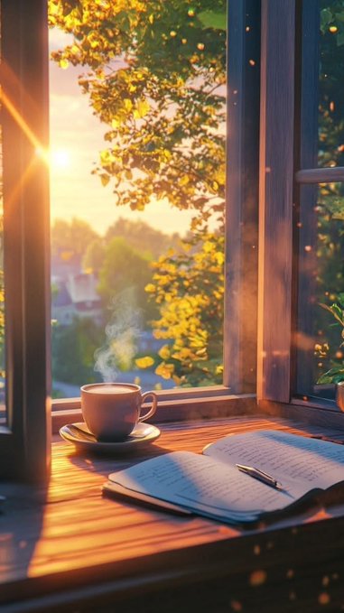 A steaming cup of coffee and an open journal sit on a sunlit windowsill at dawn, with golden light streaming through trees outside—a peaceful morning scene that contrasts with the post's message about connecting maritime shipping infrastructure to blockchain through @EthraShip. The tranquil image evokes a contemplative start to the day, mirroring the reflective tone of pondering how containers crossing oceans could be linked to onchain technology.