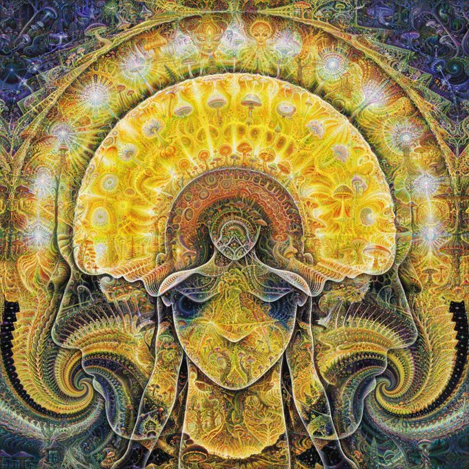 A psychedelic, highly detailed digital artwork depicting a hooded, meditating figure surrounded by intricate golden patterns and mandala-like designs.