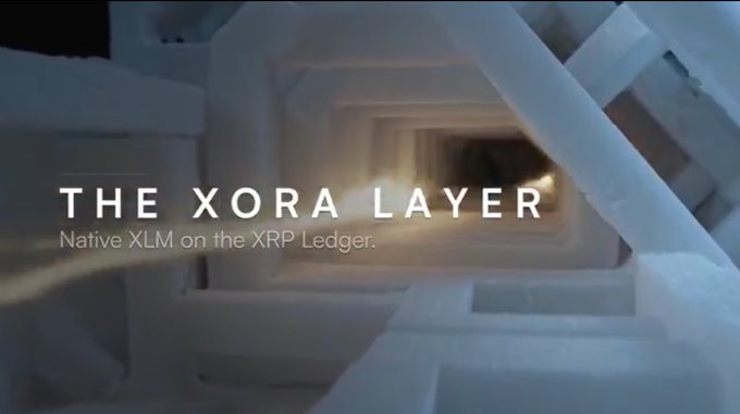 A futuristic white geometric tunnel with a bright light at the center displays the text "THE XORA LAYER — Native XLM on the XRP Ledger," visually emphasizing XORA Finance's launch of native XLM support on the XRP Ledger.