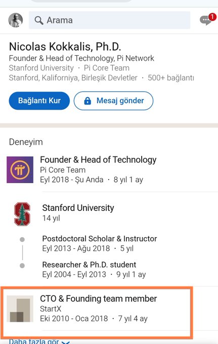 The image shows Nicolas Kokkalis's LinkedIn profile, with the text "CTO & Founding team member at StartX (Eki 2010 - Oca 2018 · 7 yıl 4 ay)" highlighted in an orange box. The profile also lists his current role as Founder & Head of Technology at Pi Core Team and his 14-year tenure at Stanford University, supporting the claim about his mentorship and leadership experience mentioned in the post.