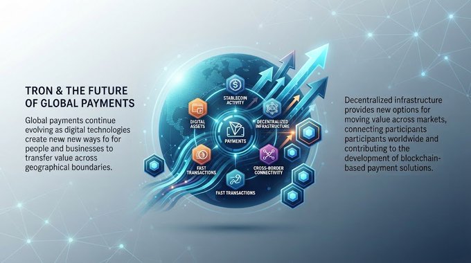 An infographic titled 'TRON & THE FUTURE OF GLOBAL PAYMENTS' featuring a globe with arrows and a 'PAYMENTS' emblem, surrounded by icons for 'STABLECOIN ACTIVITY', 'DIGITAL ASSETS', 'FAST TRANSACTIONS', 'CROSS-BORDER CONNECTIVITY', and 'DECENTRALIZED INFRASTRUCTURE'.
