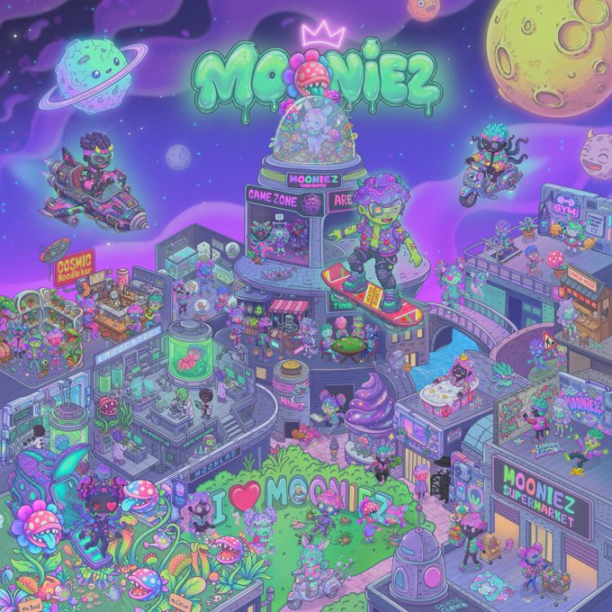 A vibrant, psychedelic digital illustration titled 'MOONIEZ' depicts a bustling alien cityscape with various creatures, including skateboarders and motorcyclists, set against a starry purple sky with planets.