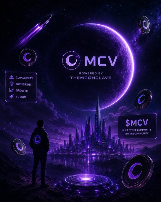 A futuristic purple promotional graphic for 'MCV' token powered by 'THEMOONCLAVE' shows a silhouette looking at a glowing cyberpunk cityscape beneath a purple planet, with text highlighting 'COMMUNITY, OWNERSHIP, GROWTH, FUTURE' and '$MCV BUILT BY THE COMMUNITY FOR THE COMMUNITY.'