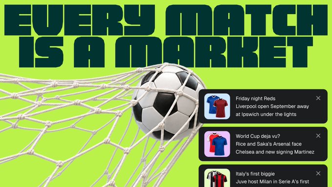 The image is a vibrant green promotional graphic featuring a soccer ball hitting a net, with the bold headline "EVERY MATCH IS A MARKET" and three preview cards highlighting betting markets including "Friday night Reds: Liverpool open September away at Ipswich under the lights," "World Cup deja vu? Rice and Saka's Arsenal face Chelsea and new signing Martinez," and "Italy's first biggie: Juve host Milan in Serie A's first." This ties into the post by showcasing how MetaMask offers sports betting markets on every major football match, from the Premier League to Serie A.