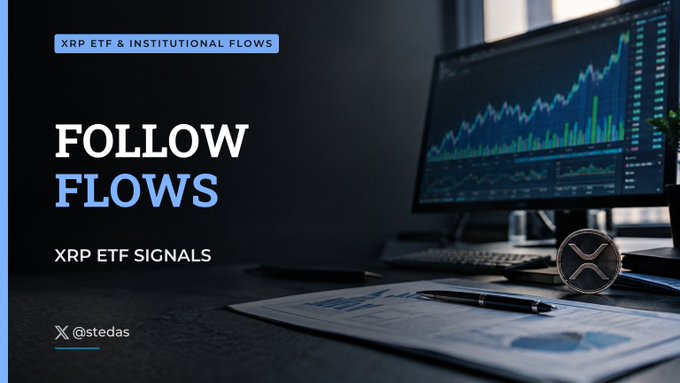 A promotional graphic titled 'FOLLOW FLOWS' with the header 'XRP ETF & INSTITUTIONAL FLOWS' and the subtitle 'XRP ETF SIGNALS', showing a trading monitor, an XRP coin, and the handle X @stedas.