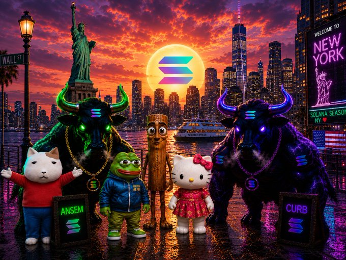 A vibrant crypto-themed scene features Hello Kitty, Pepe, a smiling log character, and two glowing horned bulls gathered before a New York City skyline at sunset, flanked by signs reading "ANSEM" and "CURB" beneath a large Solana logo. The imagery captures a bullish Solana meme aesthetic, tying directly to the post's shoutout of $SOL, $ANSEM, $CURB, and $TripleT as rallying tokens for Solana bulls.