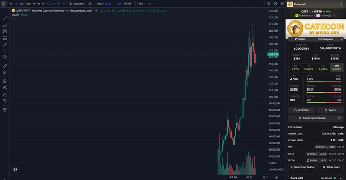 A Dexscreener chart for CATE/WETH on Uniswap showing a market cap around $137,743,718, alongside a sidebar for the "CATE COIN BY NEURO DEV" meme coin token.
