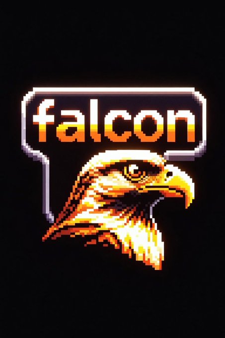 A retro pixel-art style logo featuring the word 'falcon' in white and orange gradient lettering within a speech bubble, positioned above an illustration of a bald eagle's head on a black background.