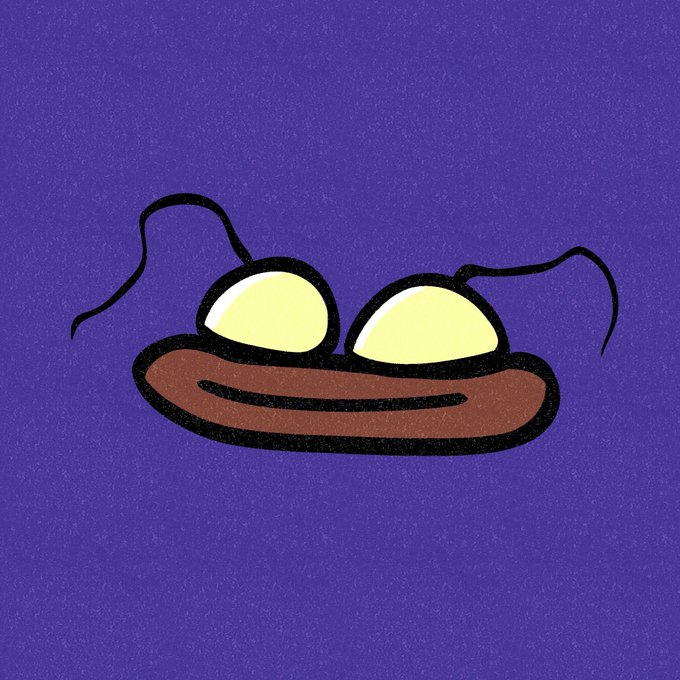 A simple cartoon drawing of a face with two glowing yellow eyes, thin antennae, and a brown mouth on a purple background.
