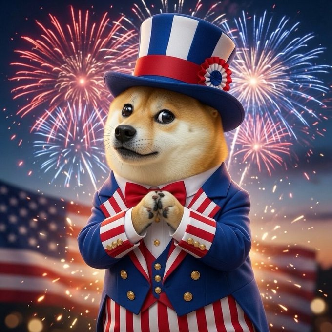 A Shiba Inu dog dressed as Uncle Sam in a red, white, and blue striped suit and top hat stands before fireworks and American flags.