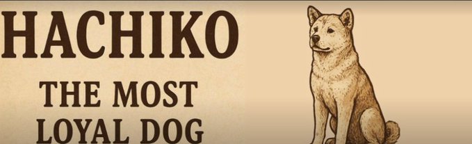 An illustrated image shows an Akita dog sitting alongside the text 'HACHIKO THE MOST LOYAL DOG' on a cream-colored background.