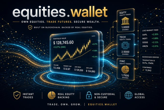 A promotional graphic for 'equities.wallet' advertising 'Own Equities. Trade Futures. Secure Wealth.' with a portfolio value of $128,745.60 and features like Instant Trades, Real Equity Backing, and Non-Custodial & Secure.