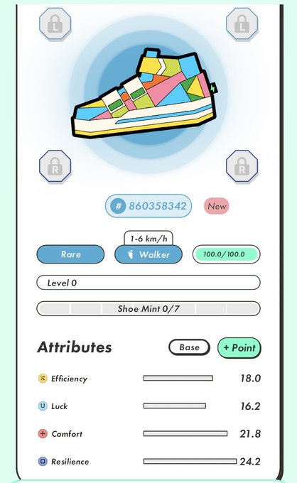 A digital sneaker card showing a colorful geometric shoe design marked 'Rare', 'Walker' type (1-6 km/h), Level 0, with attributes Efficiency 18.0, Luck 16.2, Comfort 21.8, Resilience 24.2.