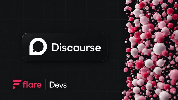 A dark promotional image features the Discourse logo with the text "Discourse" in a central button, accompanied by the "Flare | Devs" branding in the lower left, set against a backdrop of pink and red 3D spheres cascading down the right side, likely serving as a visual announcement for a developer discussion forum regarding FAssets on Songbird and the new Proof of Reserves FTSO oracle.