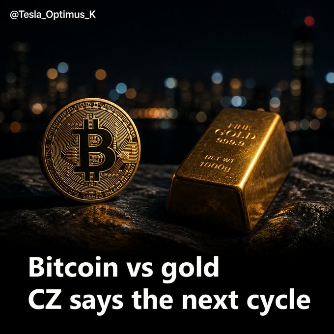 A golden Bitcoin coin and a 1000g gold bar (999.9 fine) sit on a rock against a nighttime city skyline backdrop, illustrating CZ's prediction that Bitcoin could surpass gold's market capitalization in the next bull cycle. The caption reads "Bitcoin vs gold / CZ says the next cycle," reinforcing the comparison between the two assets.