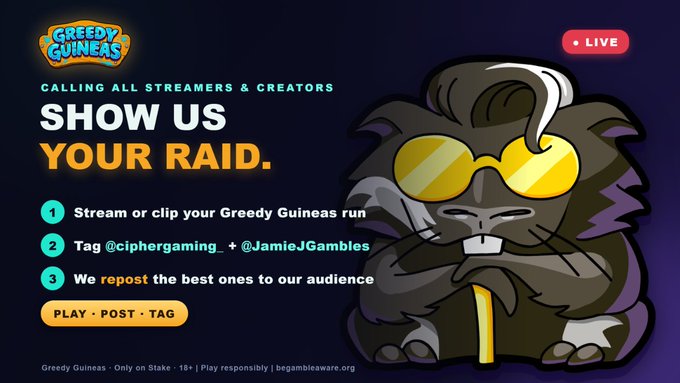 A 'Greedy Guineas' promotional graphic calling streamers and creators to show their raids, with instructions to tag @ciphergaming and @JamieJGambles, featuring a cartoon guinea pig wearing sunglasses.