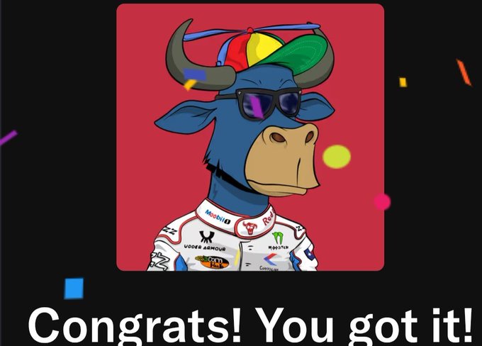 A digital illustration of a blue bull wearing a colorful propeller beanie, sunglasses, and a racing jacket with sponsor logos, over the text 'Congrats! You got it!' against a red background with confetti.