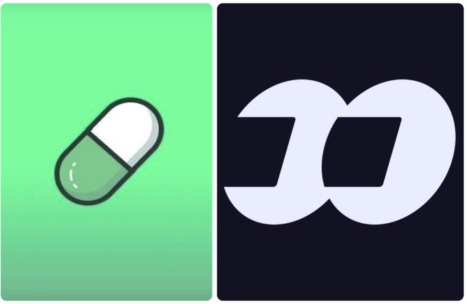 A side-by-side logo comparison showing a green and white pill icon next to a black and white stylized "JD" monogram.