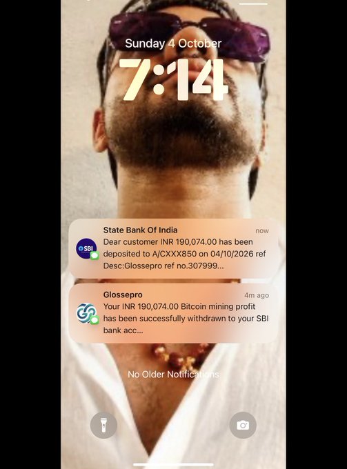 Lock screen screenshot dated Sunday, 4 October at 7:14 showing two scam notifications: one from "State Bank Of India" stating INR 190,074.00 was deposited, and one from "Glossepro" claiming a Bitcoin mining profit of INR 190,074.00 was withdrawn.