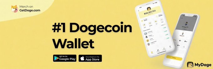 Promotional graphic for "MyDoge" Dogecoin Wallet, branded as the "#1 Dogecoin Wallet," featuring app screenshots and download badges for Google Play and App Store, with the tagline "Merch on GetDoge.com," directly supporting a presentation about $DOGE.