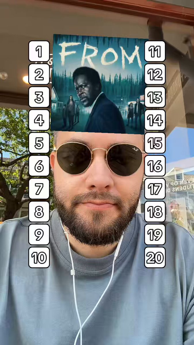 The image features a man wearing sunglasses, a gray shirt, and earbuds with white headphones. The man has a beard and appears to be looking at his reflection in a mirror or a window. There are numbers written across the top of the image, which could possibly represent a numbering system for some sort of content or tagging.