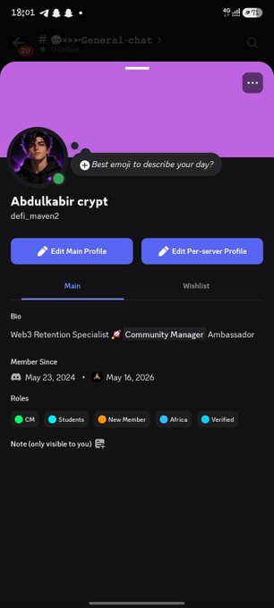 Discord profile screenshot for 'Abdulkabir crypt' (@defi_maven2), labeled as a Web3 Retention Specialist, Community Manager, and Ambassador, with various role tags.