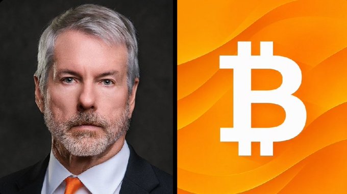 A man in a suit with an orange tie is pictured alongside a Bitcoin (₿) symbol on an orange background, visually reinforcing the post's focus on Michael Saylor and his massive corporate Bitcoin holdings through Strategy.