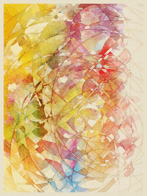 An abstract watercolor painting with intersecting colorful lines and geometric shapes in warm yellows, reds, and cool blues.