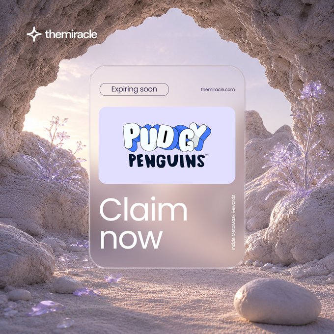 The image features a large advertisement for Pudgy Penguins, which is an online gift card service. The advertisement is displayed against a backdrop of a rock formation with purple flowers. The text on the advertisement reads " Claim now @MetaMask users have less than 10 hours left to claim the Pudgy Penguins Soulbound token". This message encourages users to claim their Pudgy Penguin tokens before they expire, ensuring that they can enjoy the benefits of the service.